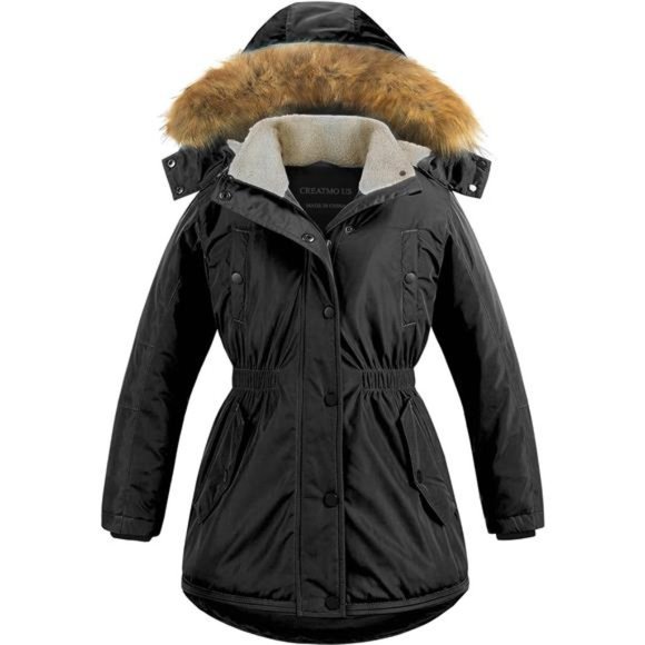 Girl's Long Winter Warm Parka Sherpa Trimmed Collar Puffer Ski Jacket Coat